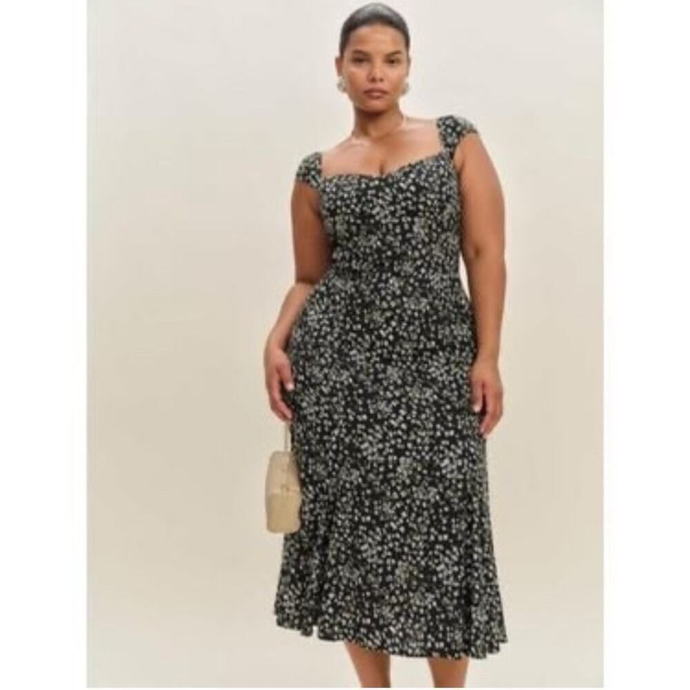 NWT Reformation Bryson Black White Floral Midi Dress Size 16 Viscose Blend